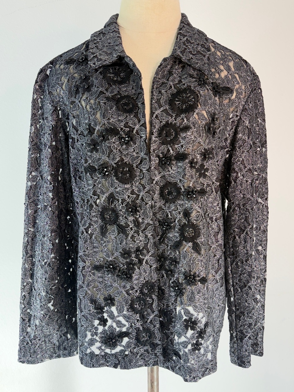 VTG Chicos Floral Lace Blazer Silver Gray Black Embroidered Whimsigoth Grunge LG